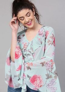 Chic Floral Bell Sleeve Tie-Front Blouse