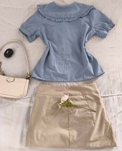 SHEIN Baby Blue Embroidered Peter Pan Collar Blous
