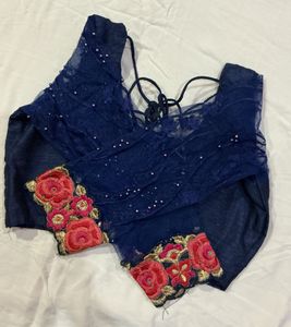 Navy Blue Embroidered Saree with Blouse