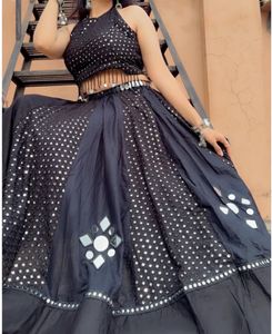 Stylish Black Mirror Work Lehenga Set
