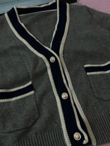 Grey V-Neck Cardigan with Navy Trim