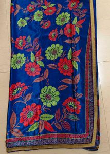 Royal Blue Floral Printed Polyester Silk Saree