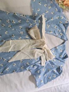 Cute Blue Floral Puff Sleeve Dress