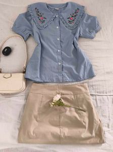 SHEIN Baby Blue Embroidered Peter Pan Collar Blous