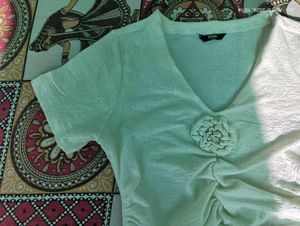 off white  Ruched Blouse with Floral Accent