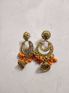Gold Jhumka Earrings with Orange Beads