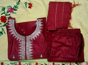 Maroon Embroidered Kurta Set with Dupatta