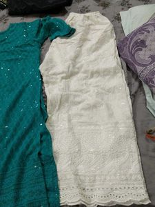 Teal &amp; White Embroidered Kurta Set