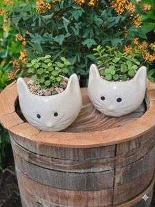 Set of 2 Cute Cat Face Ceramic Planter Pots