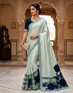 Blue Saree with Velvet Detailing | Festive Wear