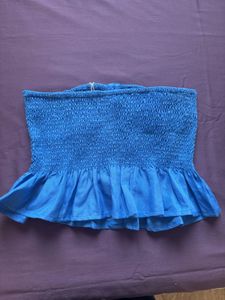 Blue Smocked Button-Front Tube Top