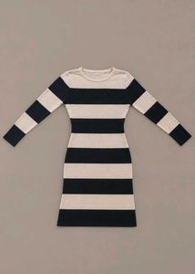 BLACK AND BEIGE STRIPED BODYCON MIDI DRESS