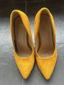 Mustard Suede Heels with Unique Heel Detail