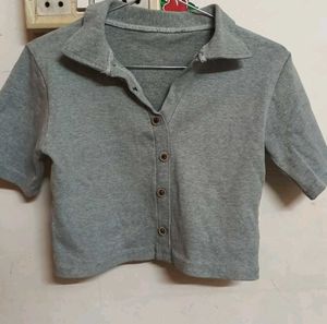 Grey Collared Button-Up Crop Top