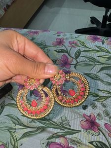 Exquisite Pink Stone Gold Tone Earrings