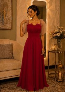 Elegant Red Maxi Dress with Sheer Sleeves