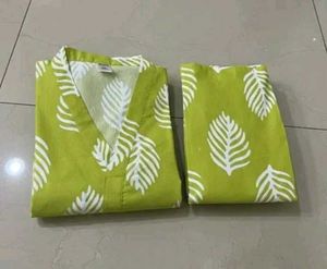Lime Green Leaf Print Kurta Set