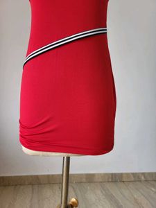 Red Bodycon Dress with Stripe Detail. Length 30 In