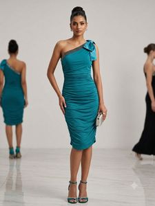 Teal Ruched One-Shoulder Dress