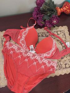 Coral Lace Bra and Panty Set