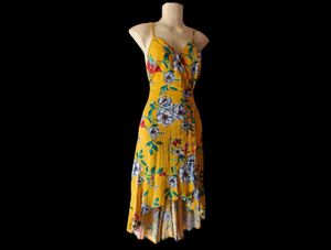 Yellow Floral Midi Dress with Tie-Front