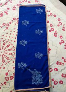 Royal Blue Embroidered Synthetic Saree
