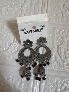 Oxidized Silver Jhumka Earrings with Black Beads