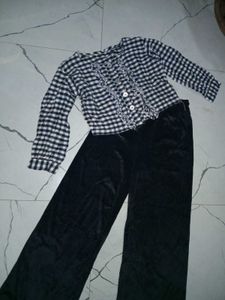 Chic Gingham Top & Velvet Pants Set