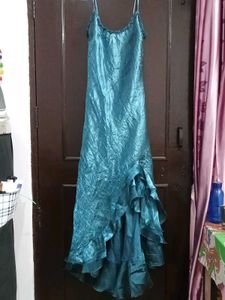 Vintage Retro Teal Ruffled Satin Slip Dress