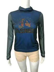 Blue Mesh Sleeve Turtleneck Top