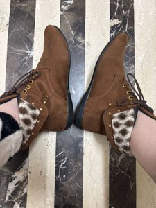 Brown Ankle Boots with Leopard Detail