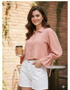 Women's Peach Balloon Sleeve Crop Shirt