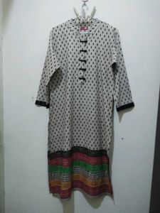 Shree beige kurta Mandarin collar black tear drop