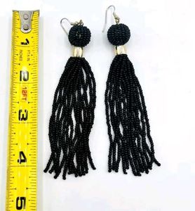 Elegant Black Beaded Tassel Earrings
