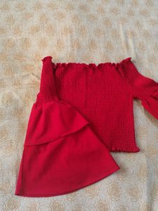 Off shoulder Red Top With Frill Sleeves
