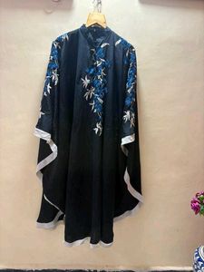 Elegant Black Kaftan with Blue Floral Embroidery