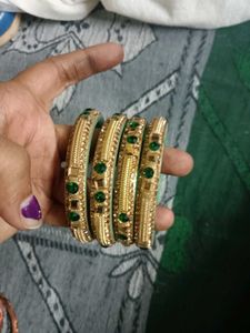 Gold Tone Bangle Set with Green Stones