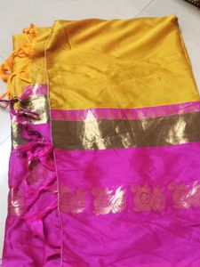 Vibrant Yellow and Pink Silk Saree