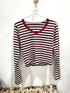 Maroon & White Striped V-Neck Top..M size