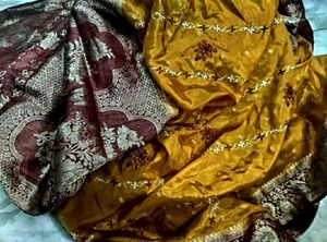 mustard yellow meroon Pure Silk Saree