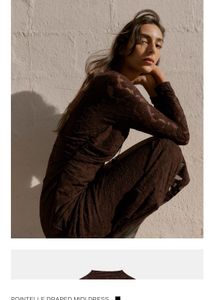 Zara celeb style Chic Brown Draped lace Midi Dress