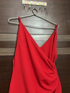 Noodle Strap, Front Slit Warm Red Short Dress🥹