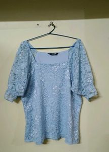 Light Blue Lace Puff Sleeve Top