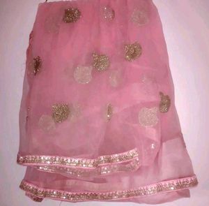 Pink net saree with sequin zari motifs