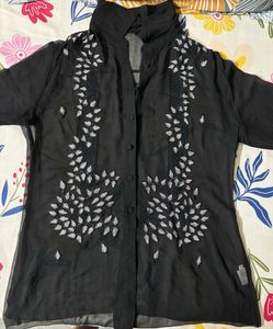 Black Sheer Embroidered Button-Up Shirt