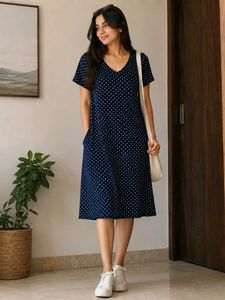 Navy Blue Polka Dot Midi Dress