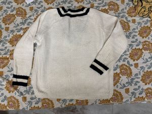 Cream V-Neck Sweater with Black Stripes