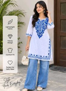White Kurta with Blue Embroidery