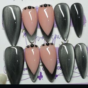 Luxury Charcoal Cat Eye Nude Press-On Nails with C