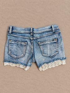 Distressed Denim Shorts with Lace Trim